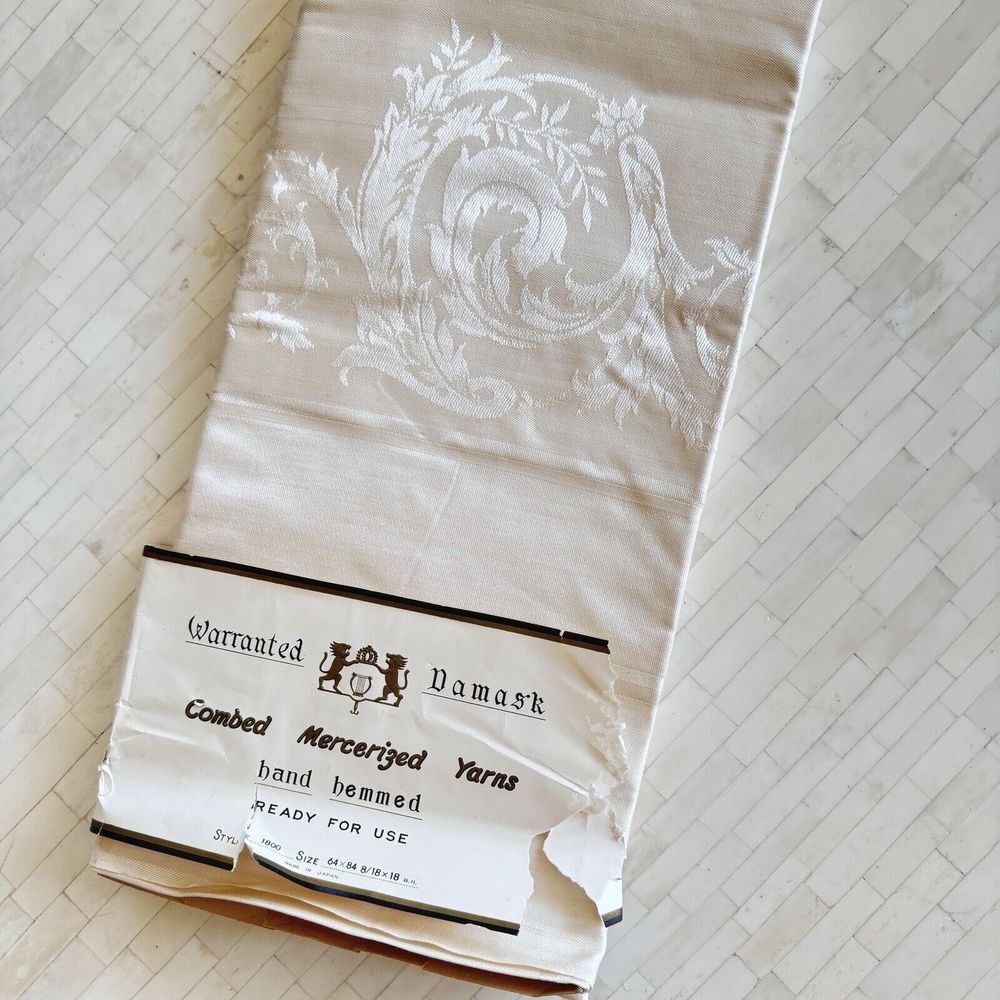 Vtg Table Damask Ivory Tablecloth 64x84 Hand Hem Japan Combed‎ Mercerized Yarns